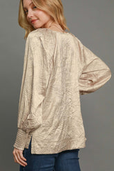 Umgee Wrinkled Lantern Sleeve Blouse - Chic Round Neck Top